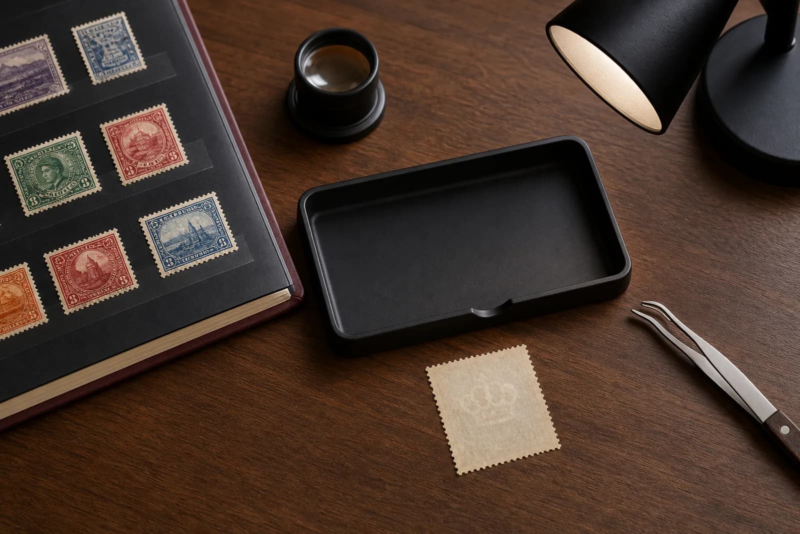 Fictional vintage stamp shown face down beside a black watermark tray, tongs, magnifier, album, and task light