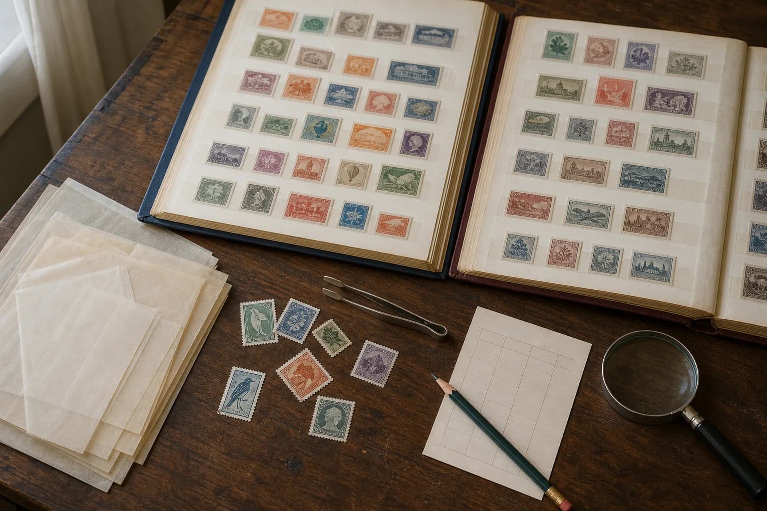 Two open stockbooks, fictional stamps, glassine envelopes, tongs, magnifier and a blank inventory card arranged for a careful collection sale