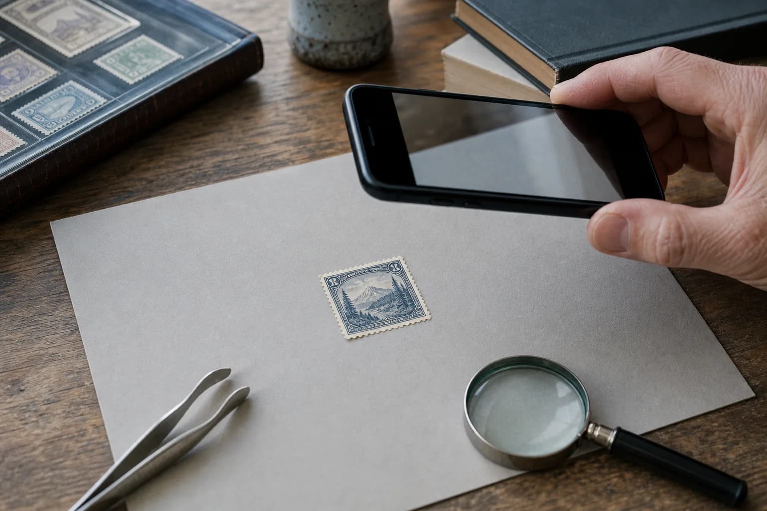 Collector photographing a vintage postage stamp on an archival mat with a phone, stamp tongs, and magnifier