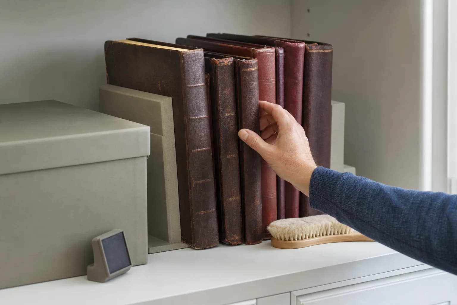 Aged stamp albums stored upright between supports beside archival boxes in a dry interior room