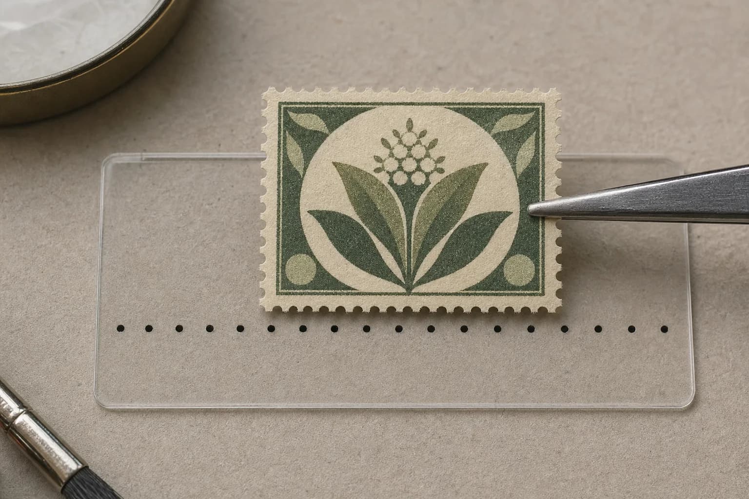 Fictional botanical stamp aligned along an unnumbered dot-style perforation gauge