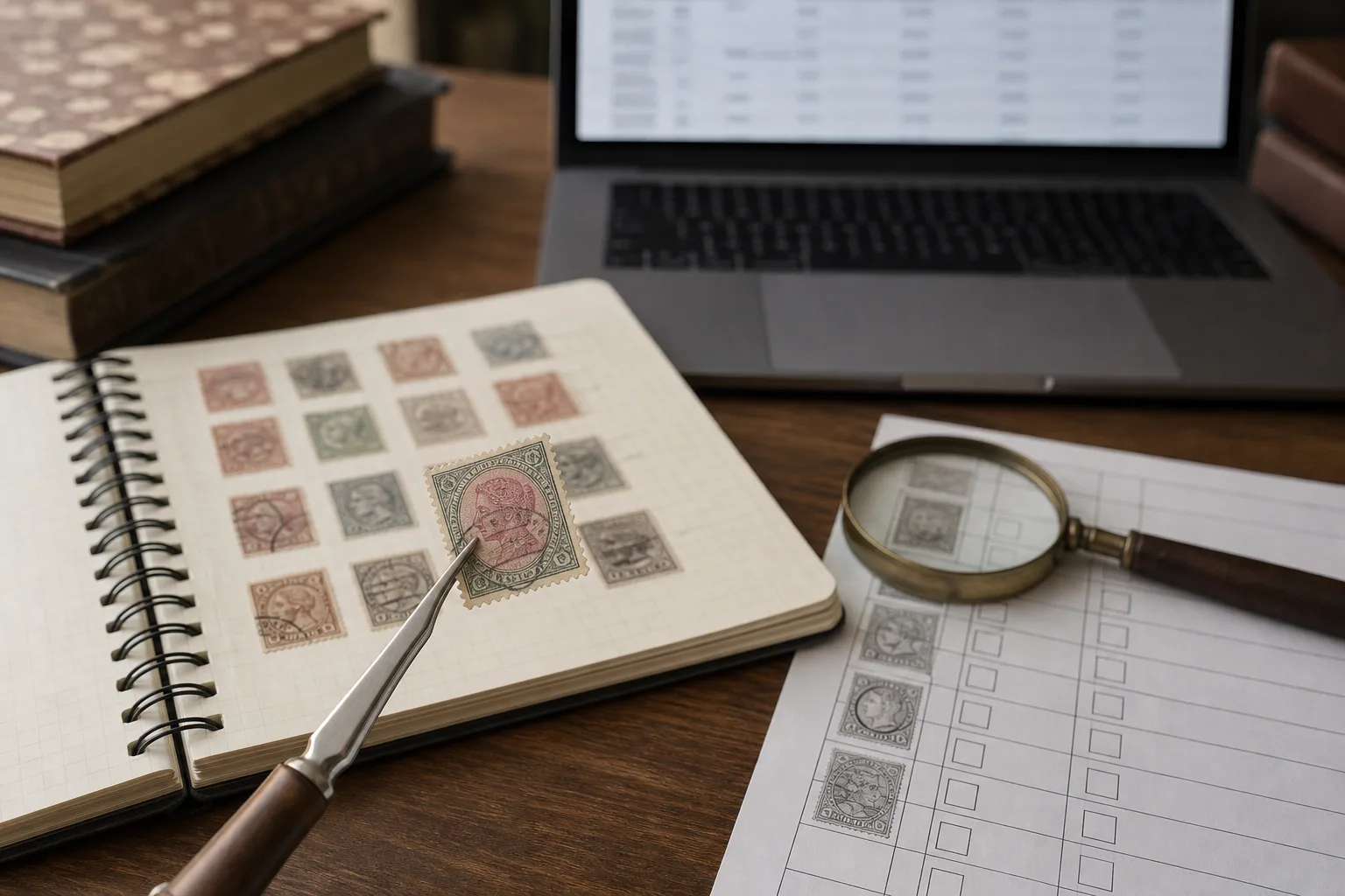 Fictional vintage stamp held with tongs beside a condition checklist, album, and blurred sale records