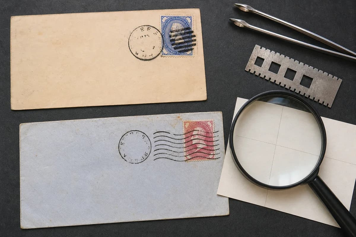 Two fictional covers compared under a magnifier, one with a circular dater and barred killer and one with a wavy machine cancel