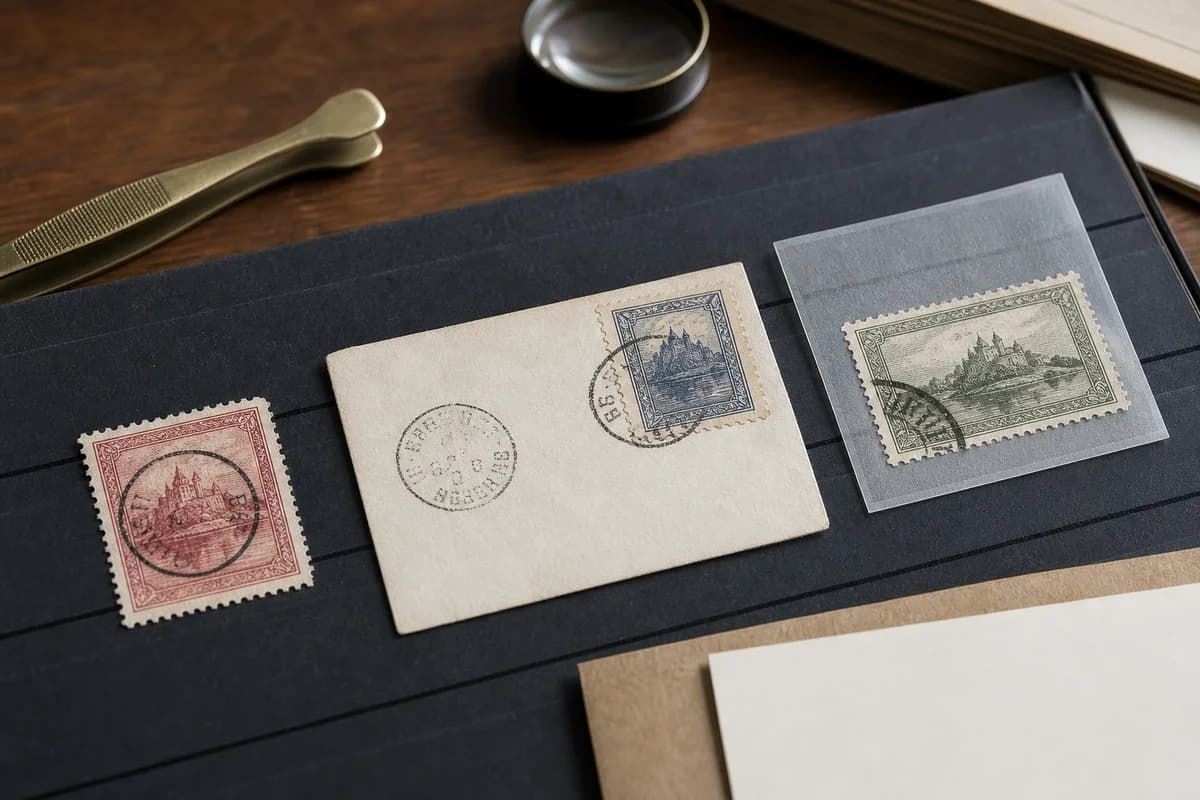 Fictional loose cancelled stamp, intact postal cover and corner-cancelled collector stamp compared on a black stock page