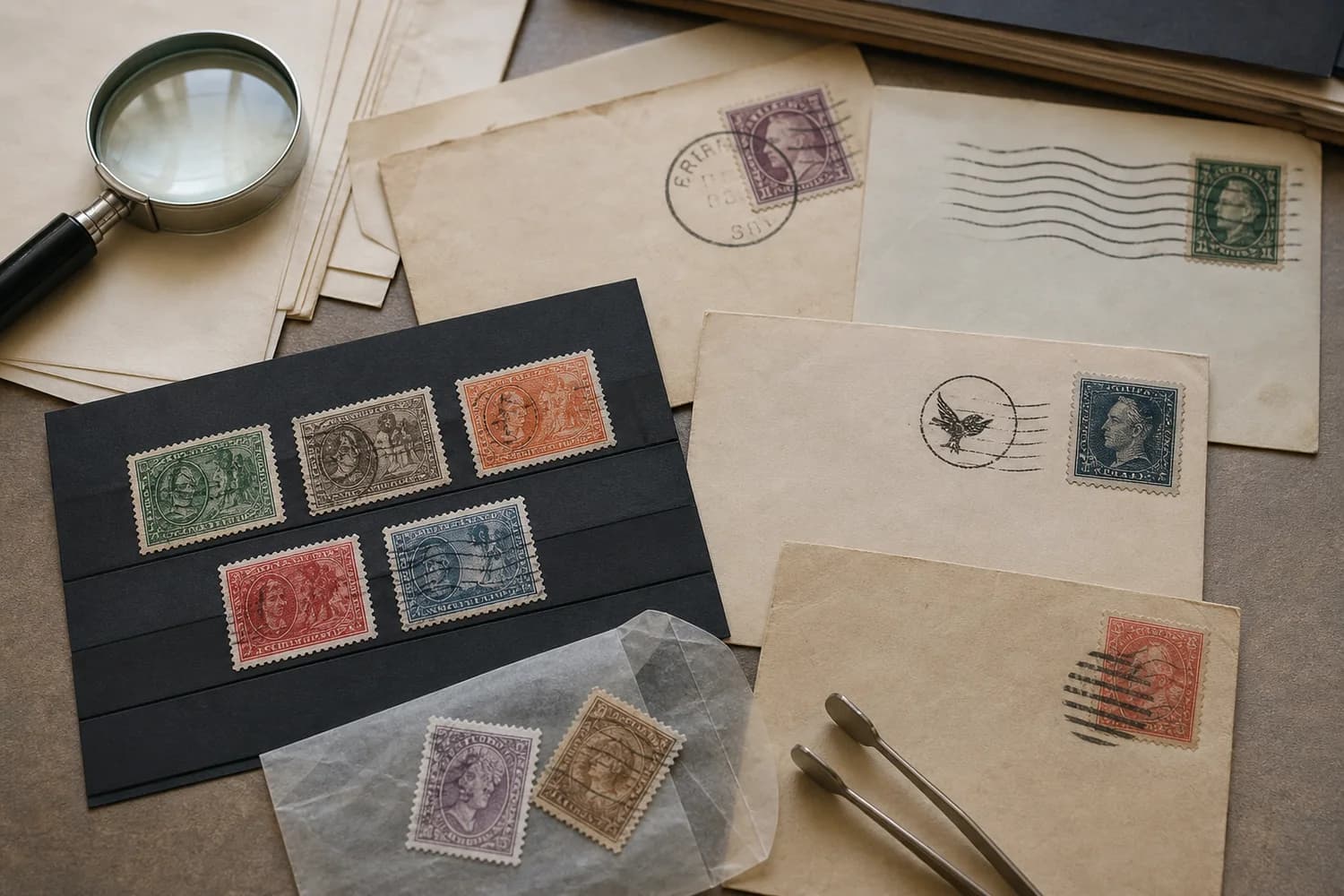 Fictional vintage stamps and covers showing circular, barred, wavy machine and pictorial-style cancellation marks beside collector tools