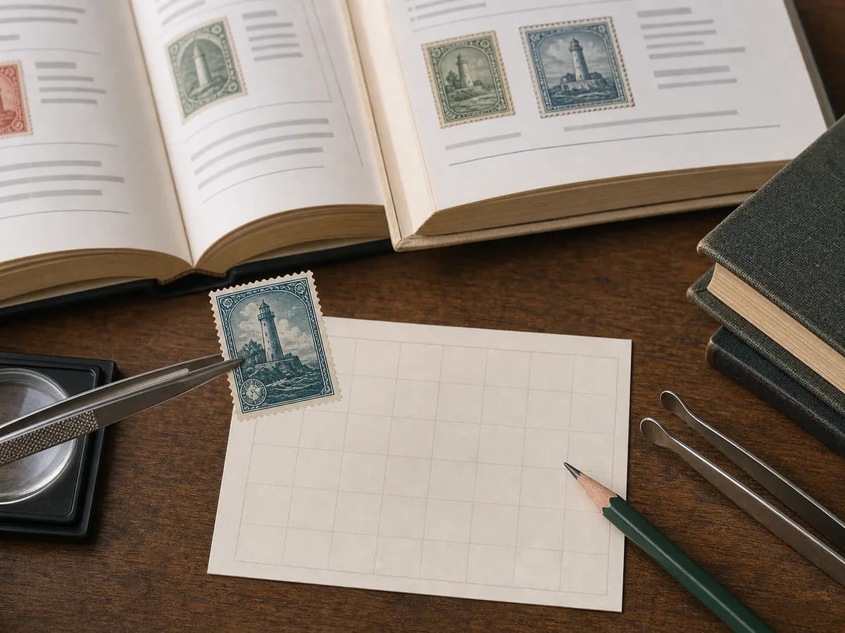 Fictional lighthouse stamp held with tongs above a blank inventory card while two generic stamp catalogs remain open for comparison