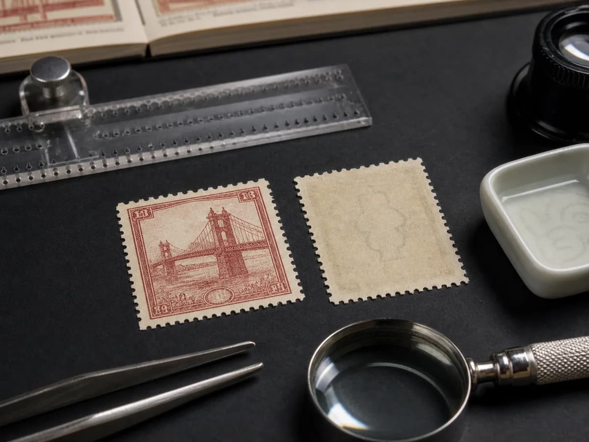 Two fictional bridge stamps compared face up and reverse up beside a perforation gauge, watermark tray, magnifier, and stamp tongs