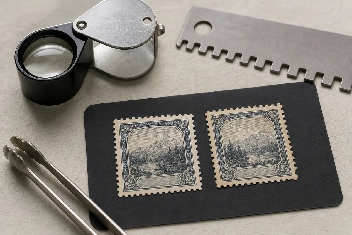 Two fictional landscape stamps compared on a black card beside stamp tongs, a loupe, and an unbranded perforation gauge