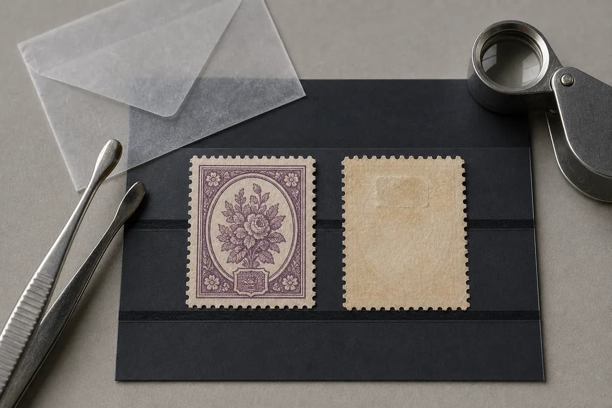 Front and reverse of two fictional floral stamps on a black stock card beside tongs, a loupe, and a glassine envelope