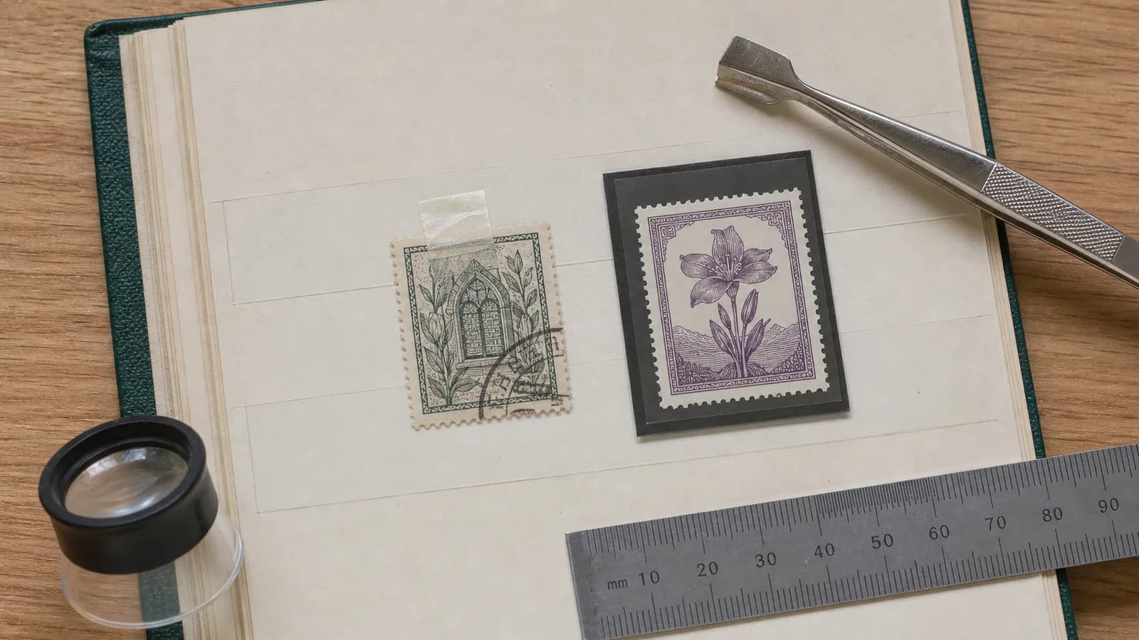Open stamp album comparing a hinged fictional used stamp with a fictional mint stamp in a clear black-backed mount