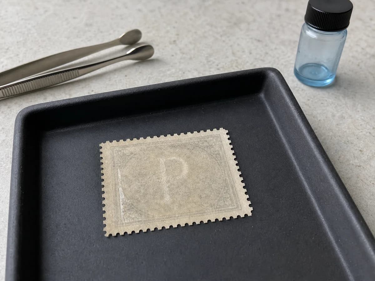 Fictional stamp lying face down in a matte black tray with tongs and a capped unbranded watermark-fluid bottle nearby