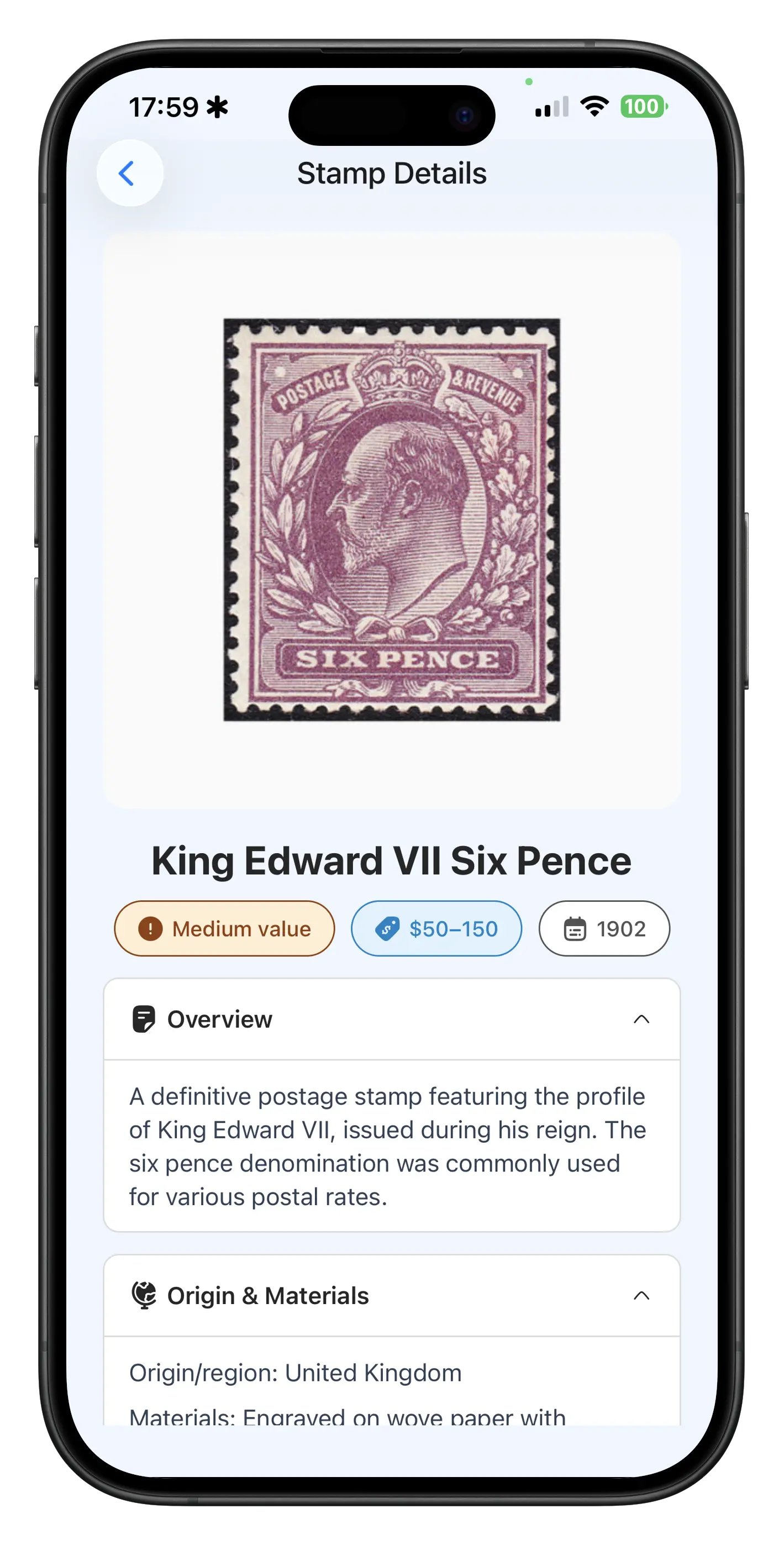 Stamp identification result in the app