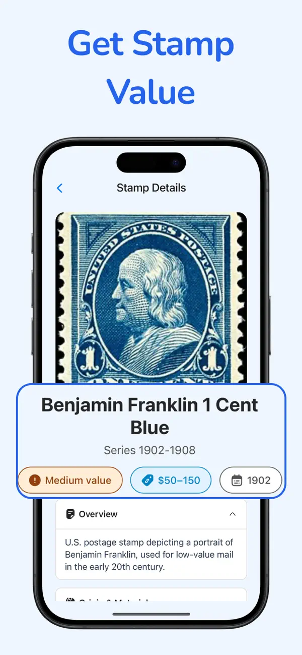 Stamp identification result with issue details and an estimated value range