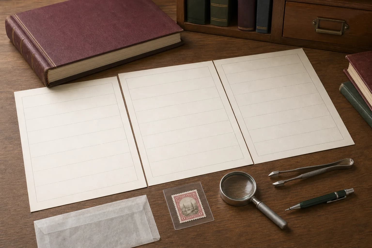 Three blank comparison sheets beside a stockbook, fictional mounted stamp, magnifier, pencil, glassine packet and stamp tongs