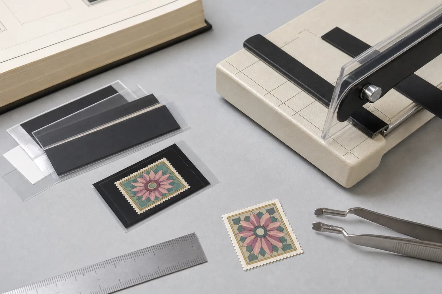 Archival stamp mounts, ruler, tongs and guarded cutter beside fictional mint stamps