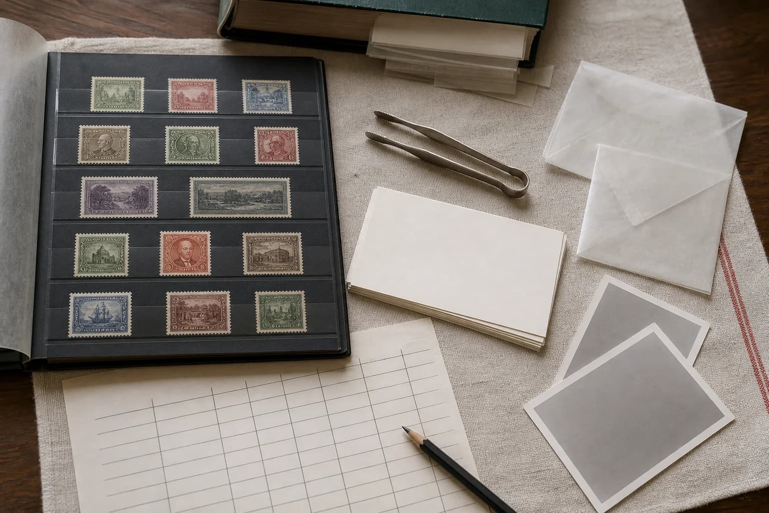 Open stockbook of fictional stamps with blank inventory cards, glassine envelopes, tongs and neutral reference photographs