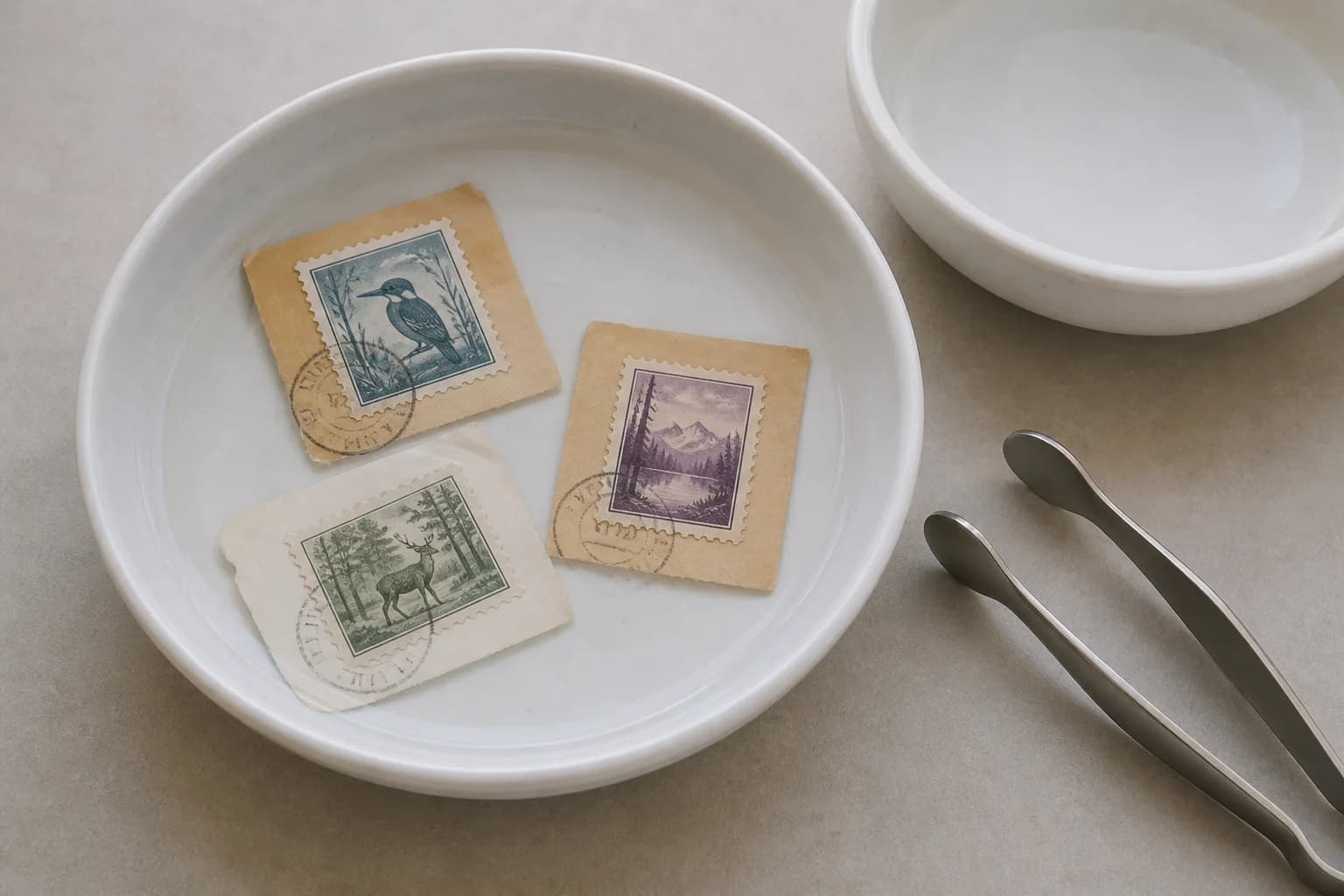 Three fictional used stamps on envelope clippings floating face up in a shallow white dish beside stamp tongs and clean rinse water